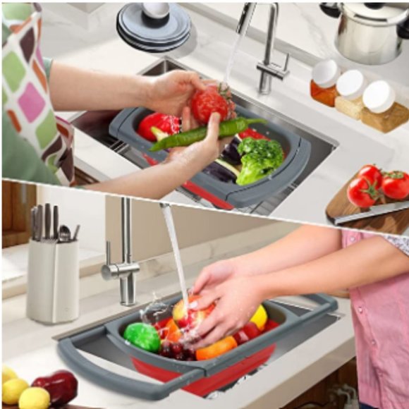 Collapsible Strainer w/ Extendable Handle Over The Sink - Silicone Colander 6Qt - Picture 4 of 10